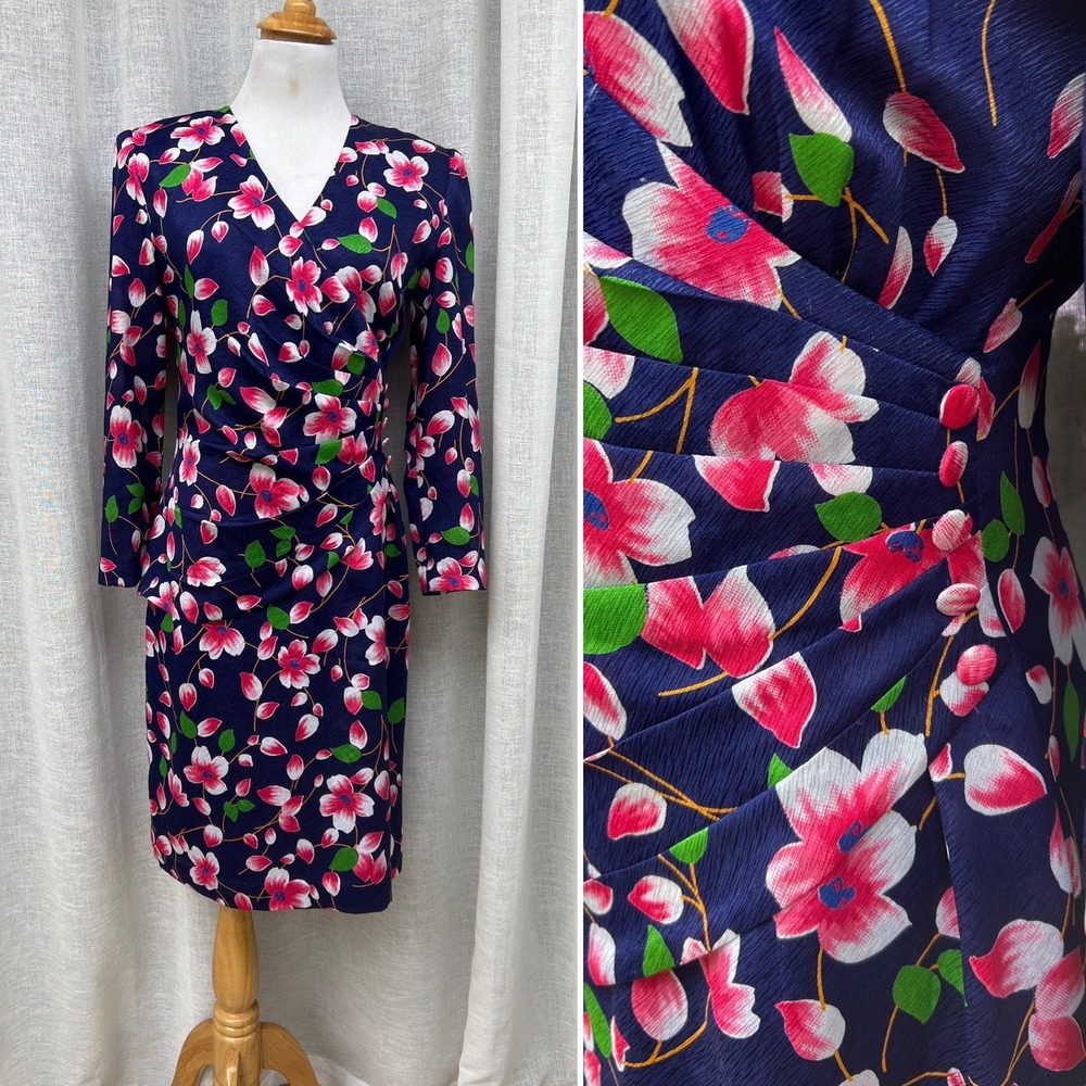 Vintage Blue and pink floral silky long sleeve wrap dress with shoulder pads